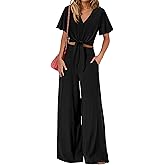 PRETTYGARDEN Women 2 Piece Summer Outfits Short Sleeve Strappy Top Wide Leg Pants Tracksuit Lounge Sets Beach Clothes