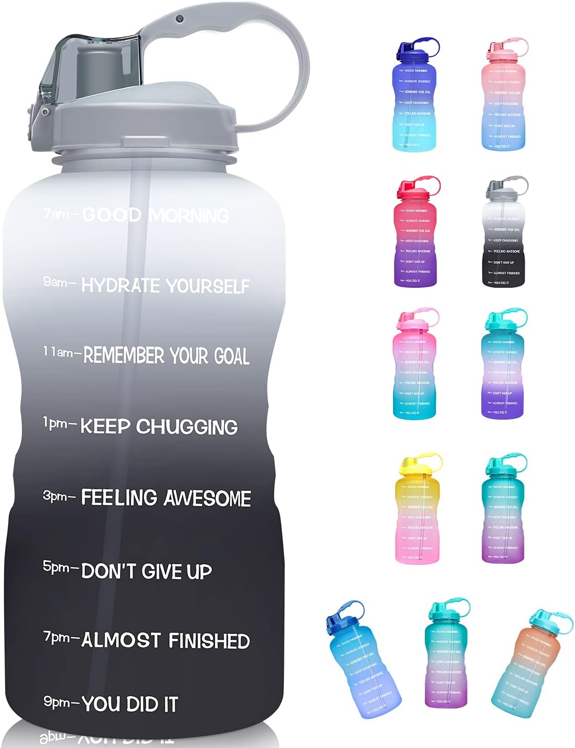 Giotto Large 1 Gallon/128oz (When Full) Motivational Water Bottle with Time Marker & Straw, Leakproof Tritan BPA Free for Fitness, Gym and Outdoor Sports-White/Gray Gradient : Sports & Outdoors