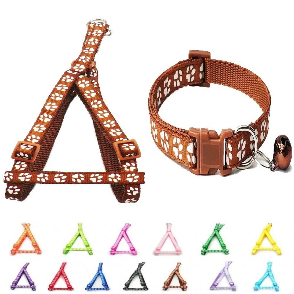 Small Dog Puppy Pet Collar and Harness Set Pawprint Design Nylon Adjustable Neck Size 19-32cm and Chest Size 21-34cm Brown