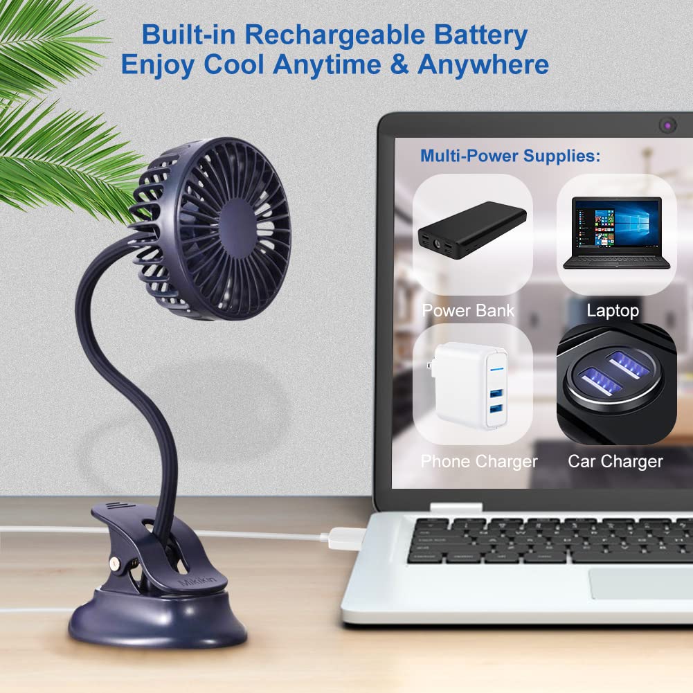 Clip on Small Mini Fan, Portable Usb Battery Operated Rechargeable Quiet Personal Desk/ Baby Stroller Fan 3 Speeds Flexible Neck Great for Bed Office Car Dorm Travel Camping Beach