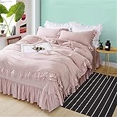 MOOWOO Ruffle Duvet Cover Set, Soft and Breathable Washed Microfiber 3pcs Bedding Set, Shabby Chic Farmhouse Duvet Cover and Pillow Shams, Zipper Closure & Corner Ties, Easy Care - Queen, Pink