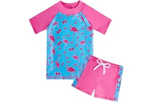 AIDEAONE Girls Rash Guard Swimsuit Short Sleeve Two Piece Bathing Suit Size 3-12T