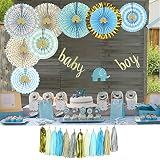 YARA Elephant Baby Shower Decorations for Boy Kit|Baby Boy Bunting Garland Banner|Blue and Gold Party Supplies|Paper Fans|Its A Boy|Tassels|Rustic|Boho