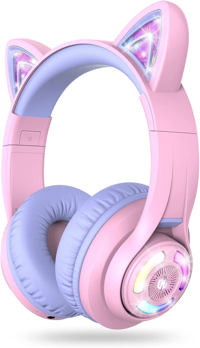 iClever Kids Bluetooth Headphones, BTH13 Cat Ear LED Light Up Kids Headphones Wireless, 50H Playtime, 74/85dBA Volume Limiting Children Headphone with Microphone Over Ear for School/Tablet/PC