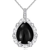Natural Gemstone Necklace 925 Sterling Silver Cubic Zirconia Pendant Teardrop Lapis Lazuli/Moonstone/Moss Agate/Larimar/Black Onyx Jewelry Gift for Women Girls Mom Daughter