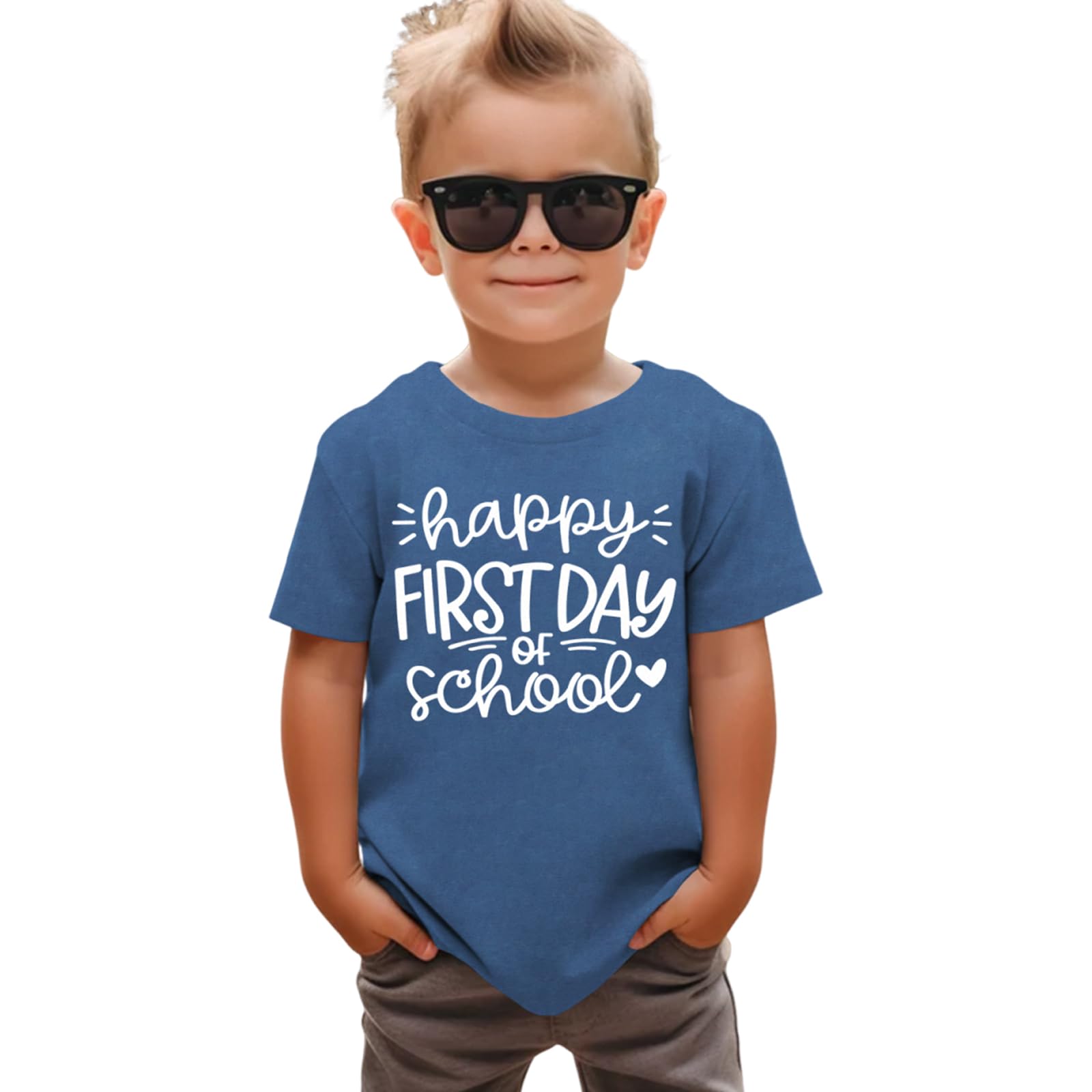 Photo 1 of GLIGLITTR Girls Happy First Day of School Shirt Kids Boys Kindergarten 1st 2nd 3rd Grade T-Shirt Back to School Outfit Tops (Blue,4-5T)