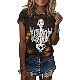 Skeleton Halloween Shirt for Women Fall Spooky Season Doodle Graphic Short Sleeve Autumn Tops Blouse