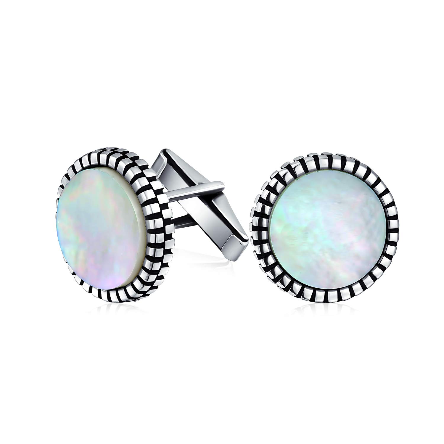 Classic Formal Geometric Blackened Pattern Edge Round Circle White Mother Of Pearl Shirt Cufflinks For Men Groom Bullet Hinge .925 Sterling Silver