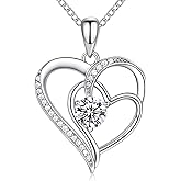 NINAMAID Birthstone Necklace for Women Jewelry, 18K White Gold Heart Necklace Sterling Silver Diamond Necklaces Jewelry Birthday Gifts for Women Wife