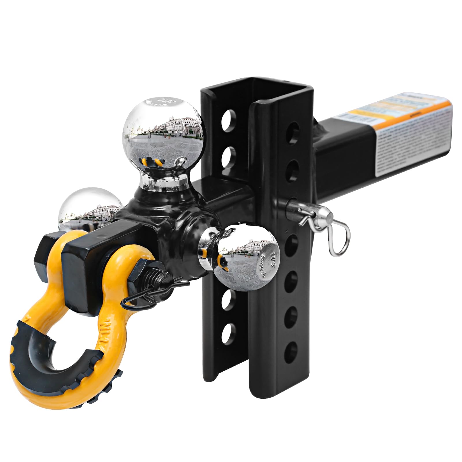 MaxxHaul 51003 Trailer Hitch Tri Ball Mount with Hook Pin Rotatable Tow Shackle 2 in Receiver 12000 lbs Capacity Heavy Duty with 1-7/8 in 2 in 2-5/16 in Hitch 3/4 inch D Ring Shank Rise 5" Drop 5" Image