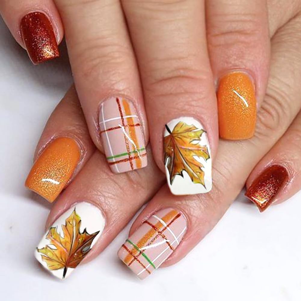 Thanksgiving Fall Press on Nails Medium Square Fake Nails Maple Leaf Orange Glitter Plaid Acrylic Nails Press ons Cute Autumn Leaves Design Full Cover Fall Coffin False Nails Stick on Nails for Women