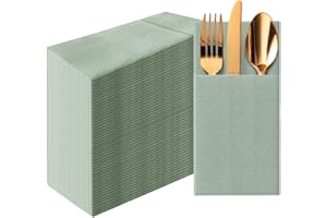 PAW DECOR COLLECTION PAW - Sage Linen Feel Napkins with Built-in Flatware Pocket, Airlaid Paper Pre-Folded Napkins for Silverware, Wedding Party, Dinner, Birthday, Gatherings, Monocolor Light Green, 50 Count