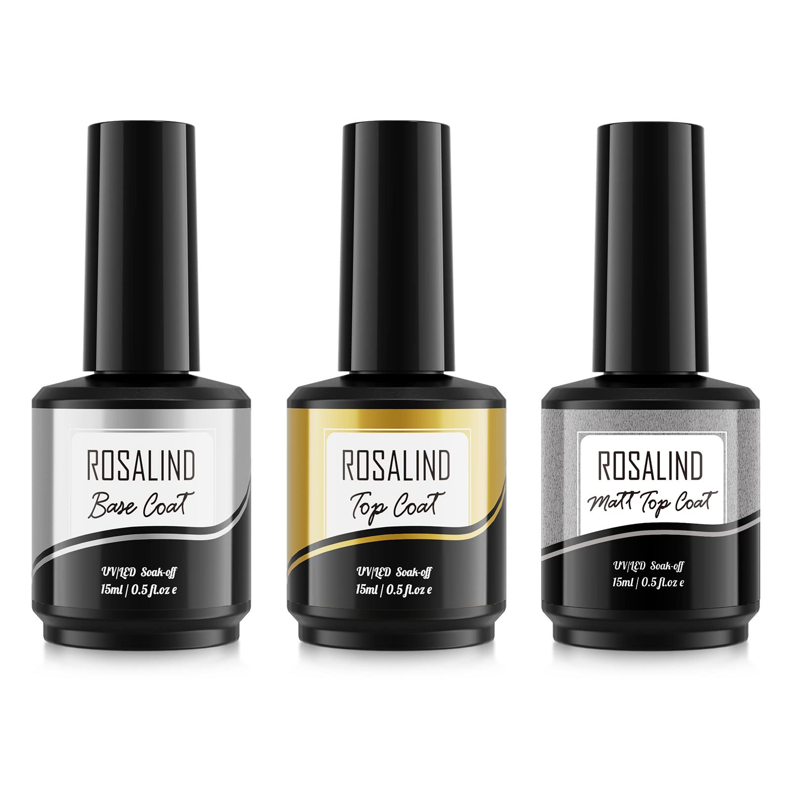 ROSALIND Base and Top Coat 3Pcs 15ml Glossy and Matte for Gel Nail PolishNo Wipe UV LED Soak Off Nail Functional Gel Coat for Gel Nail Design Manicure Art