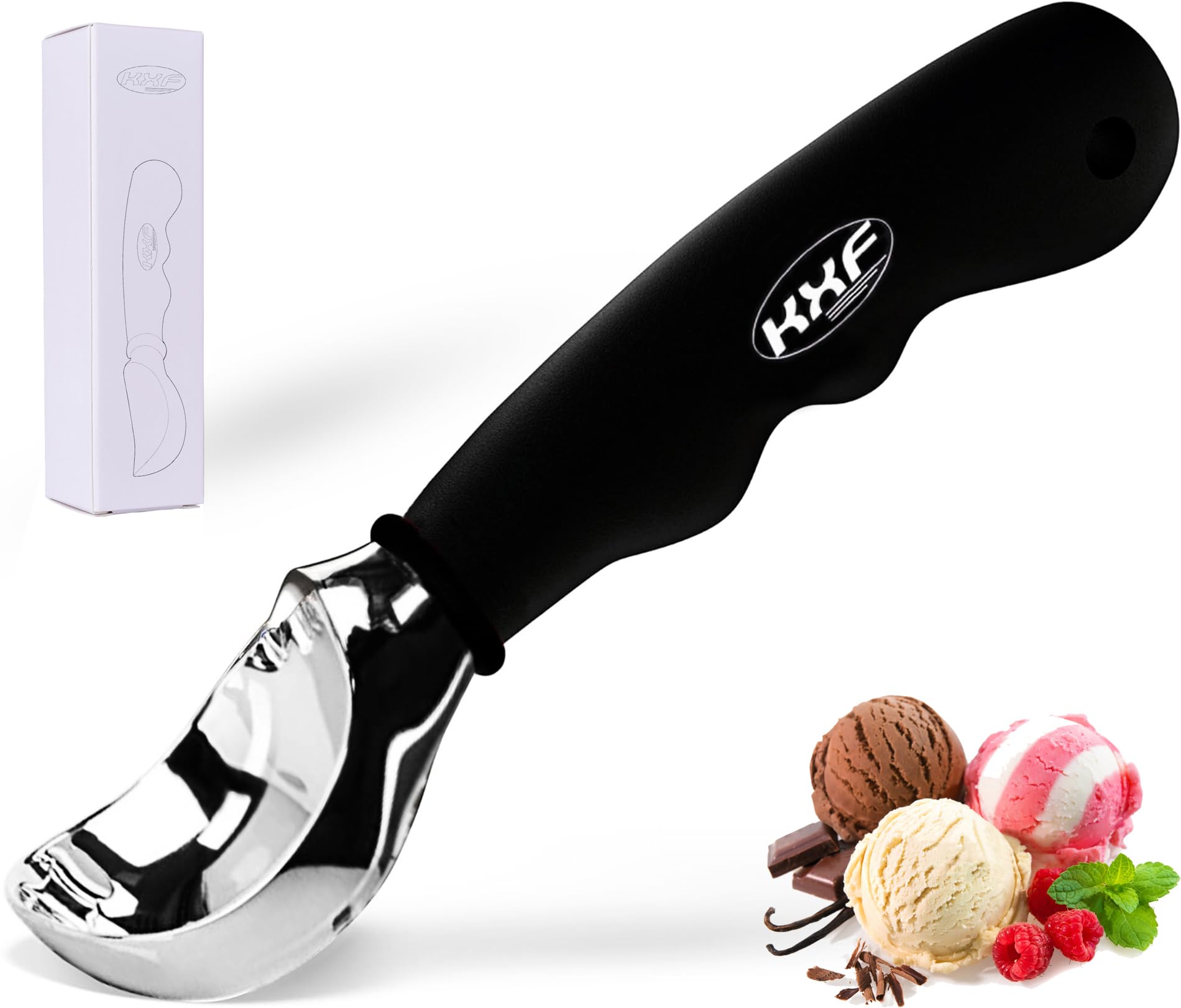 KXF Stainless Steel Ice Cream Scoop with Non-Slip Rubber Grip Heavy Duty Ice Cream Spoon Sturdy Icecream Scooper Cookie Fruit Scoop for Cookie Dough, Mash Potatoes, Melon Balls, Dishwasher Safe(Black)
