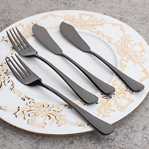 Black 4 Piece 8-inch Stainless Steel Flatware 2 Set with Fish Fork and Fish Knife Table Silverware Dishwasher Safe