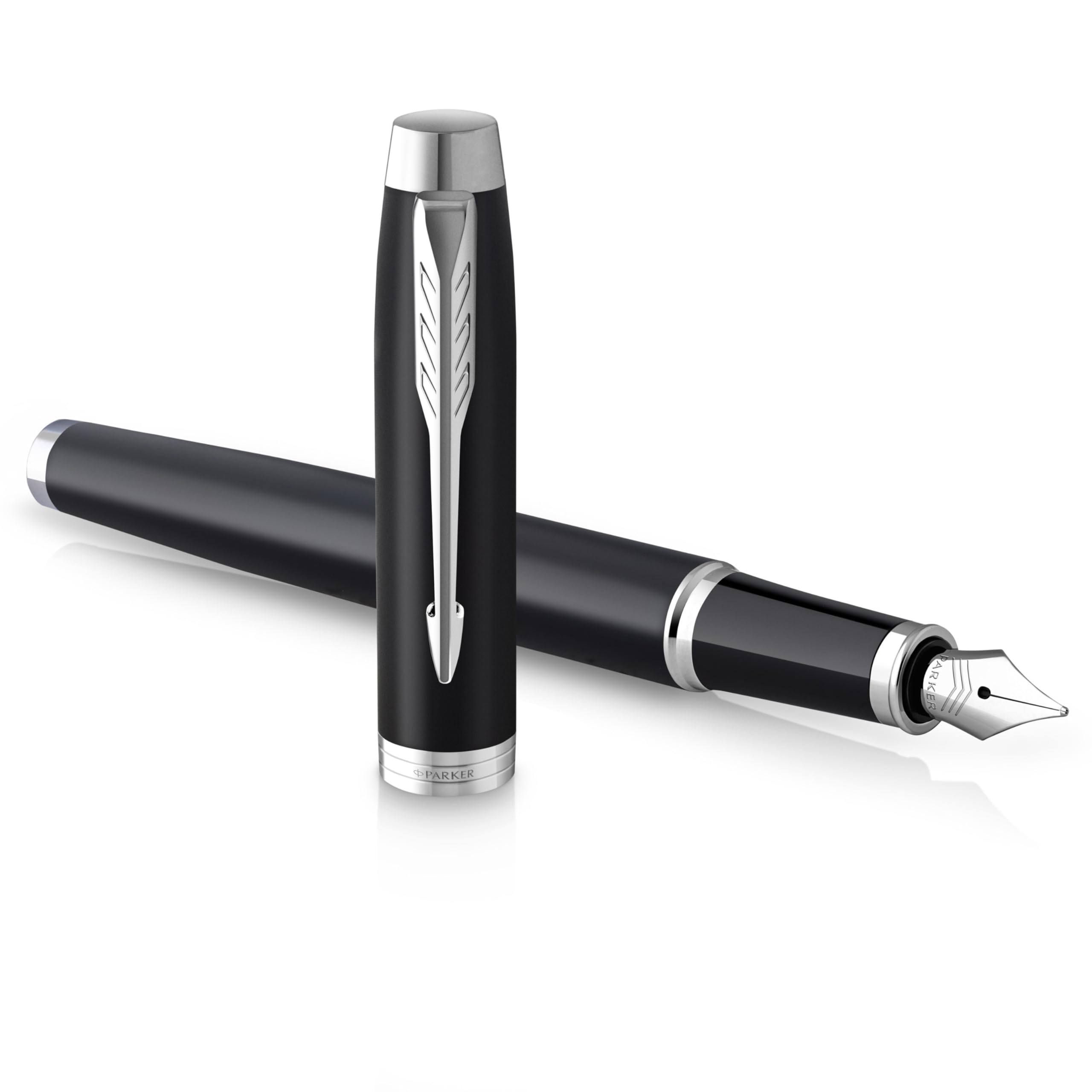 Parker IM Fountain Pen | Matte Black with Chrome Trim | Medium Point with Blue Ink Cartridge | Gift Box