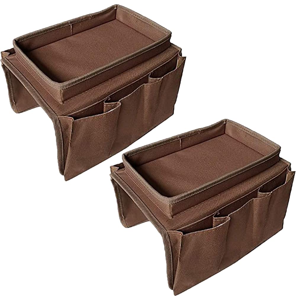 BEISIJIA Sofa Armrest Organizer With Cup Holder Tray, Couch Caddy TV Remote Control Storage Holder for Cellphone Tablets Magazines Book Glasses Cables Drinker Snacks Holder Pouch (Brown+Brown)