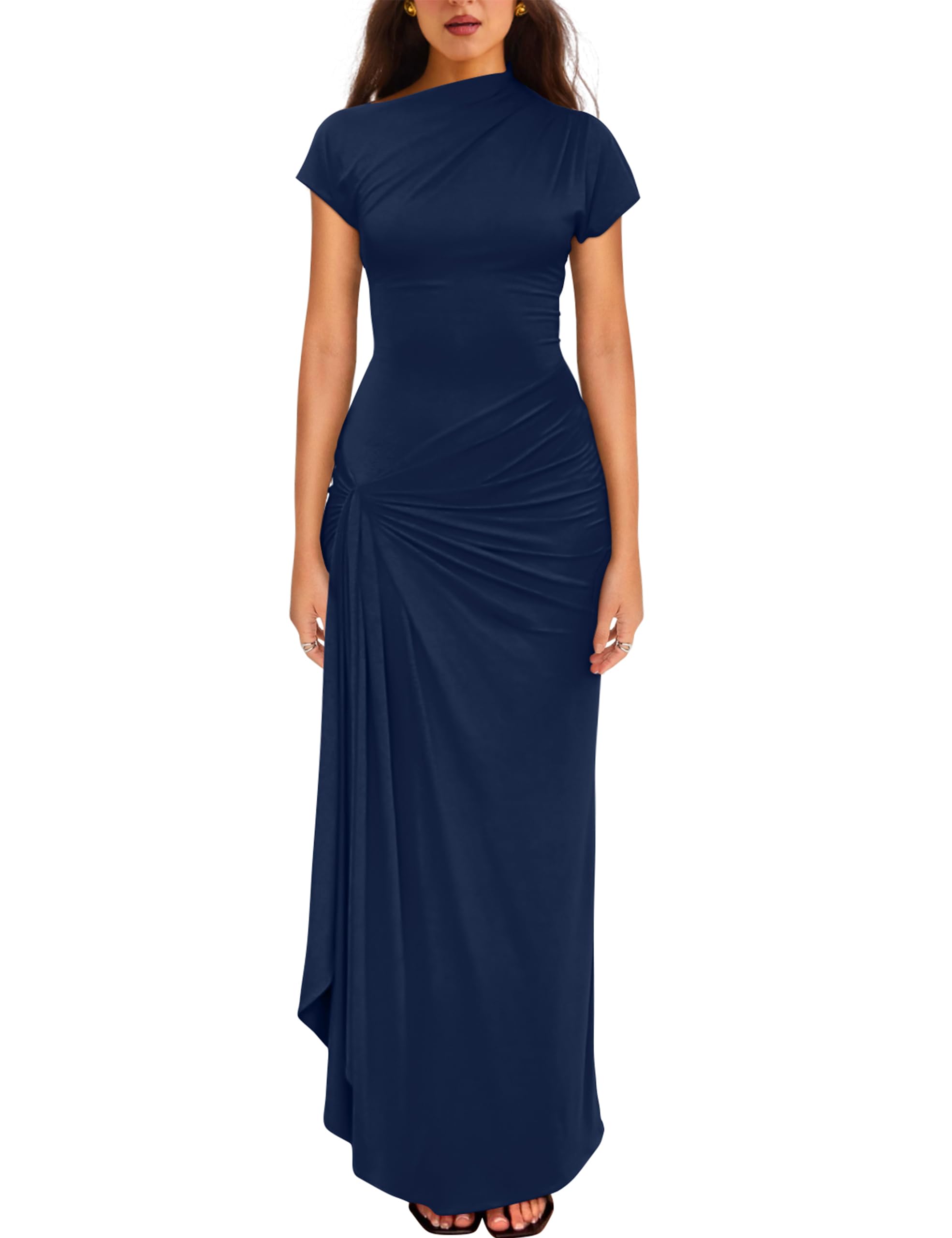 Photo 1 of *small* YMDUCH Women's Casual Short Sleeve Boat Neck Ruched High Split Bodycon Long Formal Dress Navy S