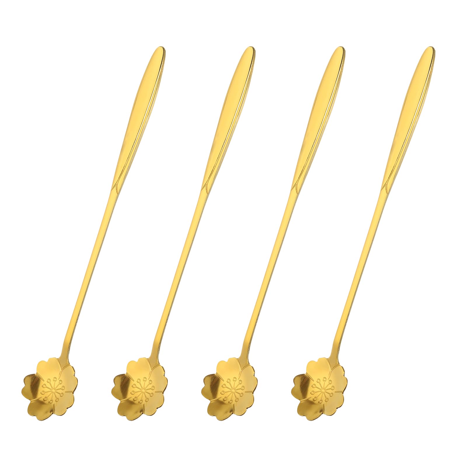 uxcell 4Pcs Stainless Steel Flower Spoon 7 Inch Long Handle Cherry Blossom Teaspoon Ice Cream Spoon Coffee Spoons for Cocktail Stirring Mixing, Gold