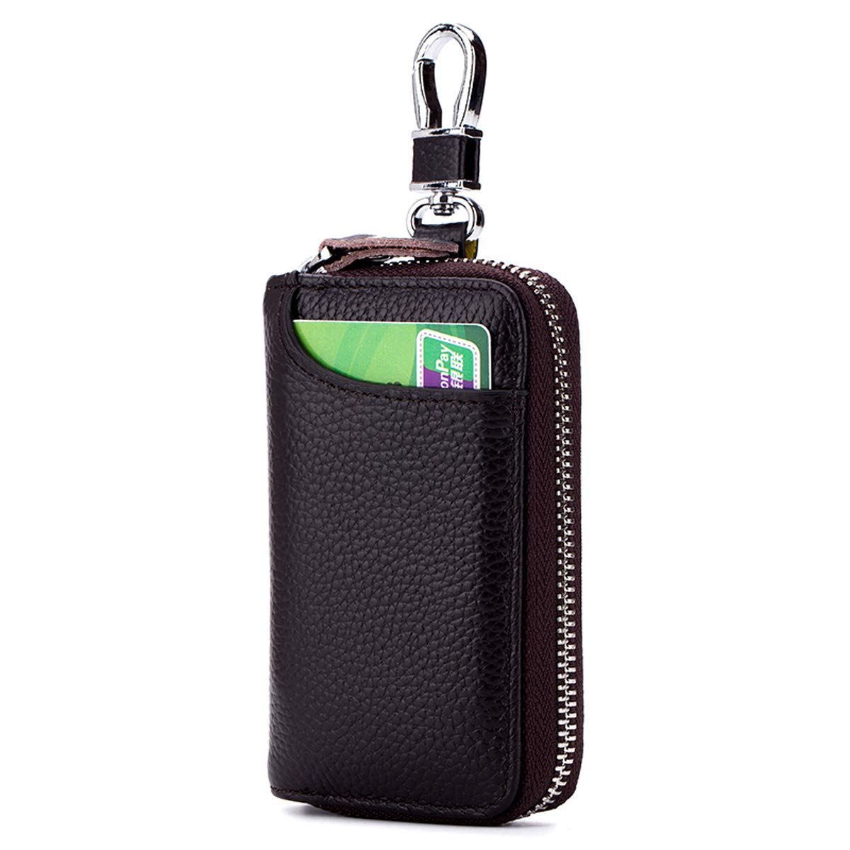 Aileder Genuine Leather Car Keychain Key Holder Case Bag Wallet Cover with Zipper Credit Card Holder (Dark Brown)