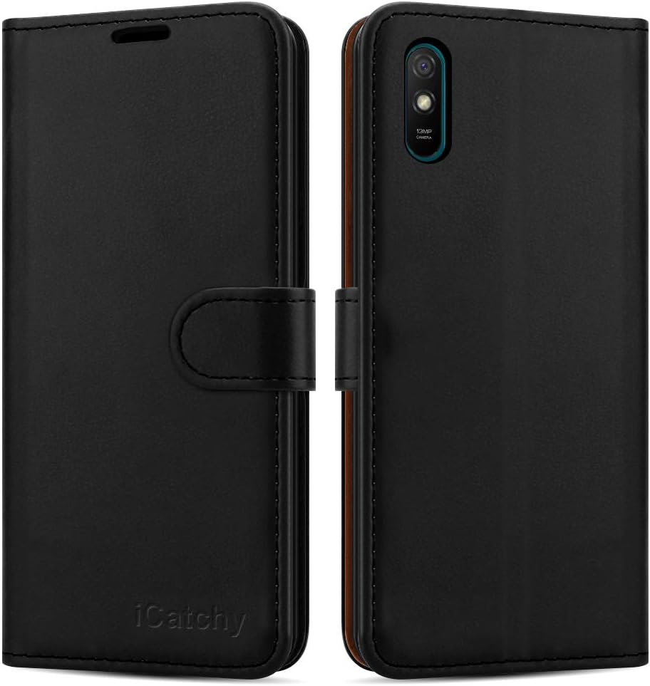iCatchy For Xiaomi Redmi 9AT Case Leather Wallet Book Flip Folio Stand View Cover Pouch for Xiaomi Redmi 9AT (Black)