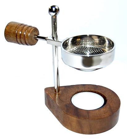 Esoterik-Versand Räucherstövchen vernickelt, mit Holzgriff und Holzsockel, zum Verräuchern von Kräutern und Harzen