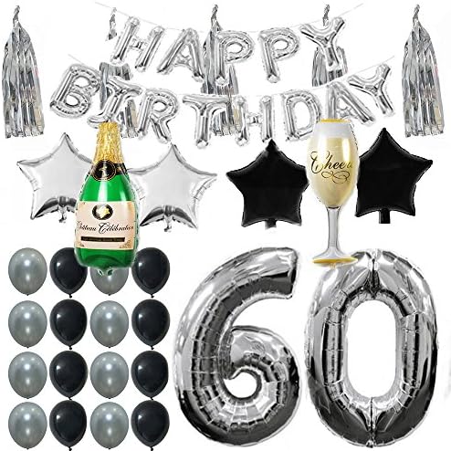 Ezing 60th B-Day Party Supplies Decorations Kit Pack , Silver Tone Tassel and Happy Birthday Letters with Latex & Star Foil Balloons (60th)