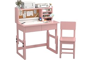 NKUGCFC Pink Kids Desk and Chair Set for 5-18 Year Old,Ergonomic Height Adjustable Childrens Study Desk with 2 Drawers,Kids Art Table with Storage-Im10