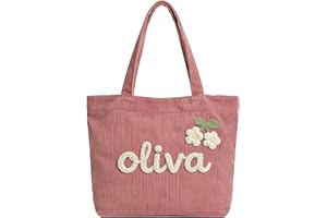 Personalized Tote Bags for Women - Custom Name Corduroy Shoulder Bag, Lightweight Yarn Name Pattern Handbag for Work, Travel,