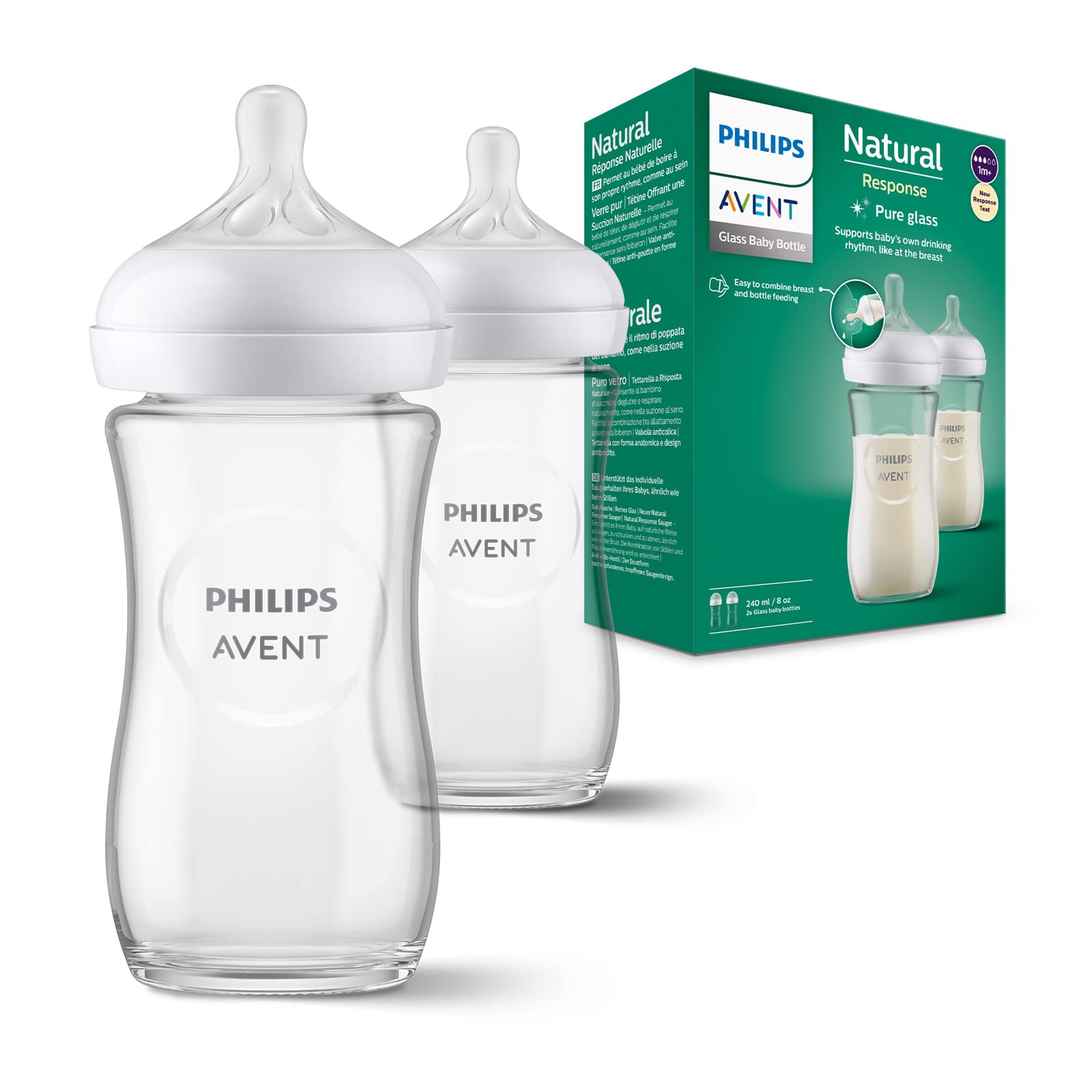 Philips Avent Biberón de cristal Natural Response: 2 biberones de 240 ml sin BPA para recién nacidos a partir de 3-6 meses (modelo SCY933/02)
