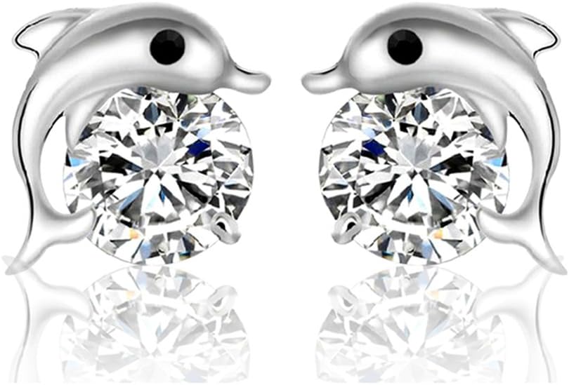 Sunnying Women's/girl Fashion Jewelry 925 Sterling Silver Inlay Crystal Dolphin Stud Earrings