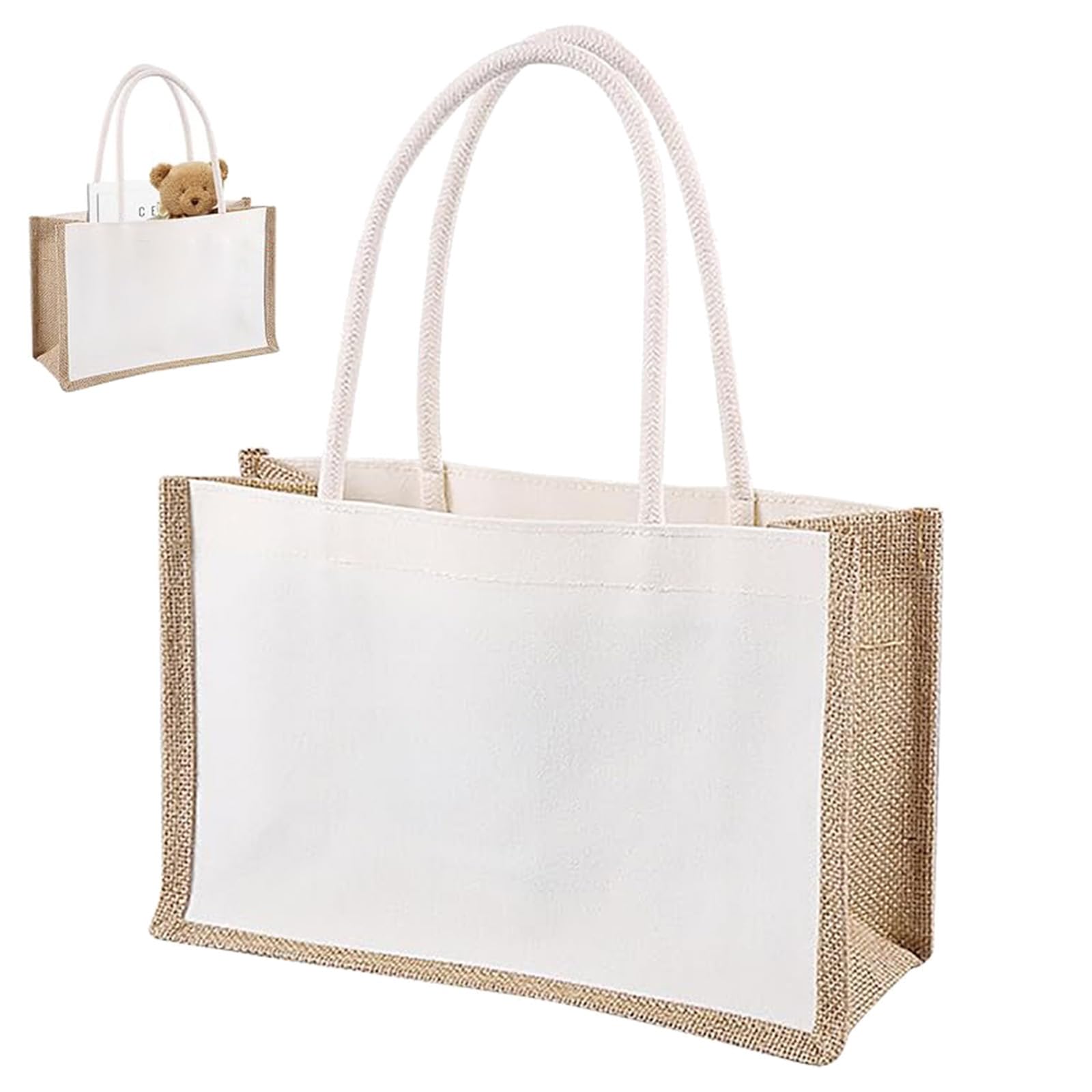 Natural Hessian Tote Bag With Cotton Handles - Reusable Burlap Jute Shopping for Picnic, Travel, Beach and Daily Life