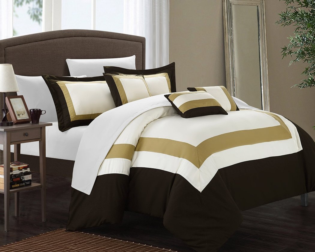 Chic Home Duke 10 Piece Comforter Set Complete Bed in a Bag Pieced Color Block Patterned Bedding with Sheet Set and Decorative Pillows Shams Included, King Gold