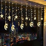 138 LED Star Curtain Lights, Window Curtain String Light Moon Star String Lights with 2 Charging Ways(Batteries/USB) for Wedding Party Home Garden Bedroom Outdoor Indoor Wall Decorations (Warm White)