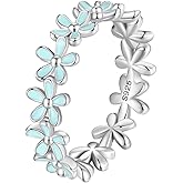 BISAER 925 Sterling Silver Blue Flower Ring Blue Color Floral Stack Solitaire Finger Rings for Women Teens Gift Jewelry