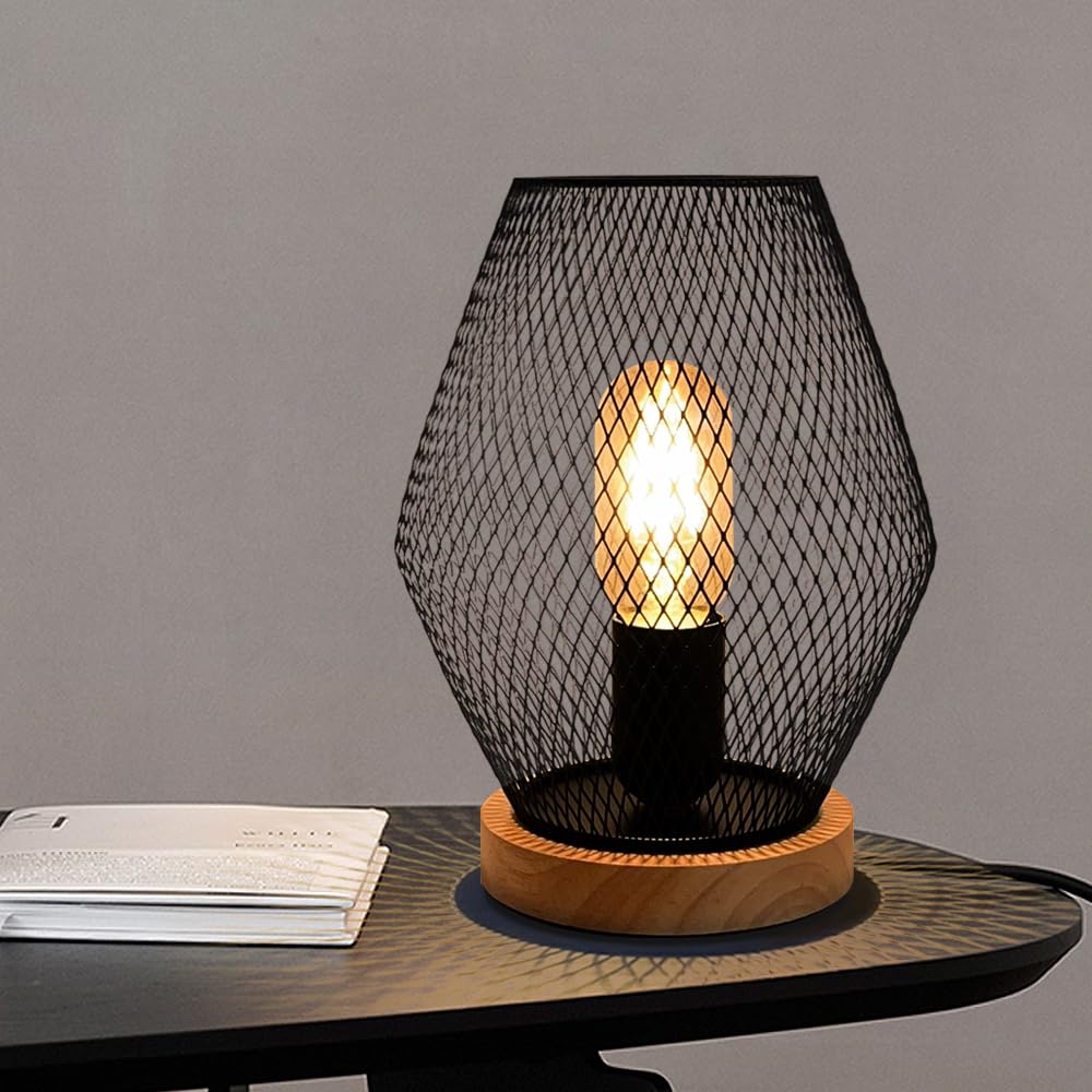 Sedom Bedside lamp with Metal Lampshade Black Table lamp Modern Bedside Table Lamp with Wooden Base for Bedroom, Living Room, Nightstand, Office (E27 Bulb Included)