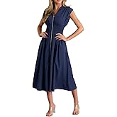 ROYLAMP Womens Summer Casual Dress Vintage Cocktail Wrap & Shape Dress V Neck Zipper Front Flowy Midi Dress with Pockets