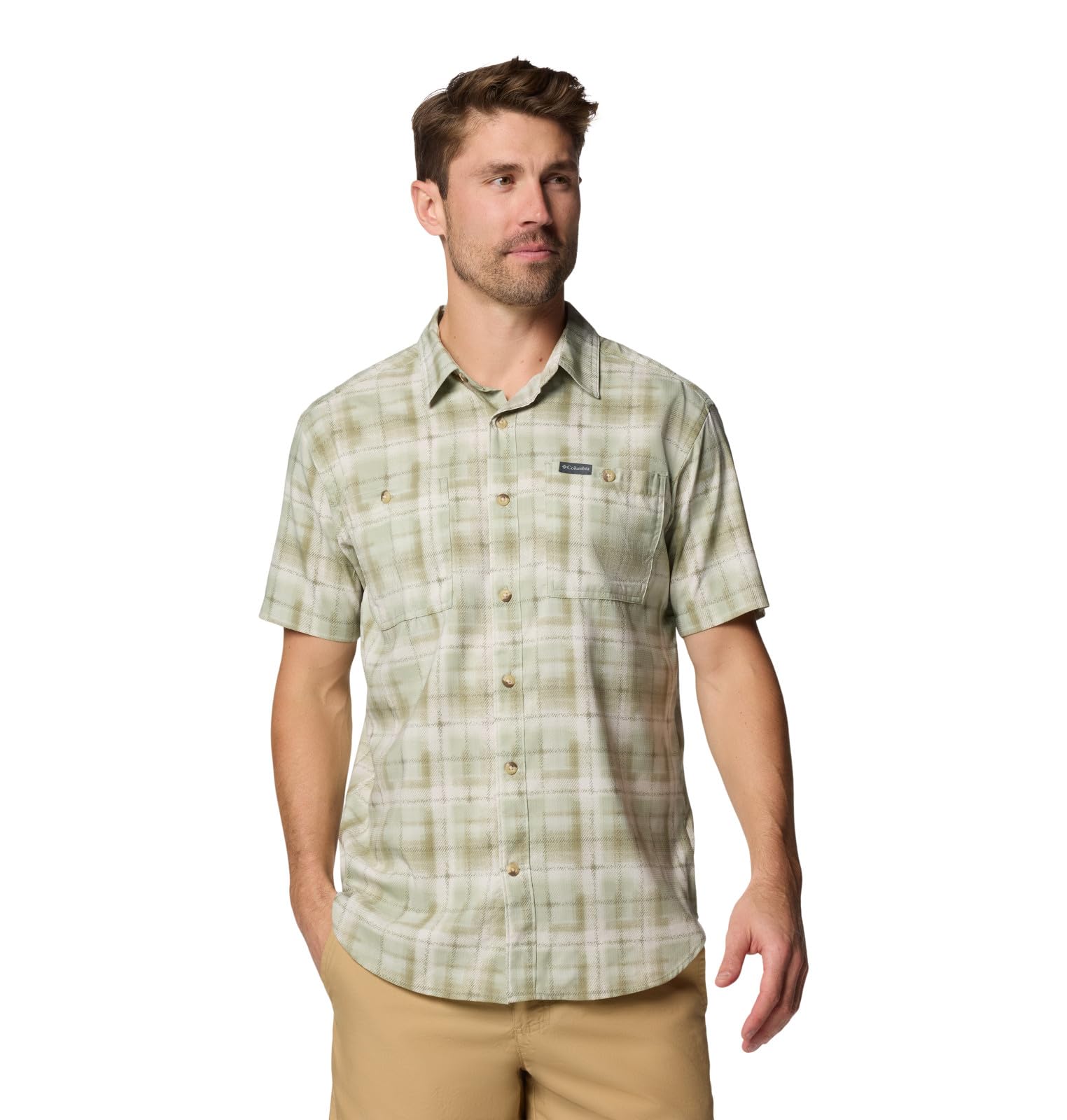 Columbia Mens Utilizer Printed Woven Short Sleeve, Safari Omblur, Large