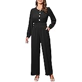 IWFEV Women's Round Neck Long Sleeve Elastic Waist Button Up Full Length Jumpsuit Romper with Pockets