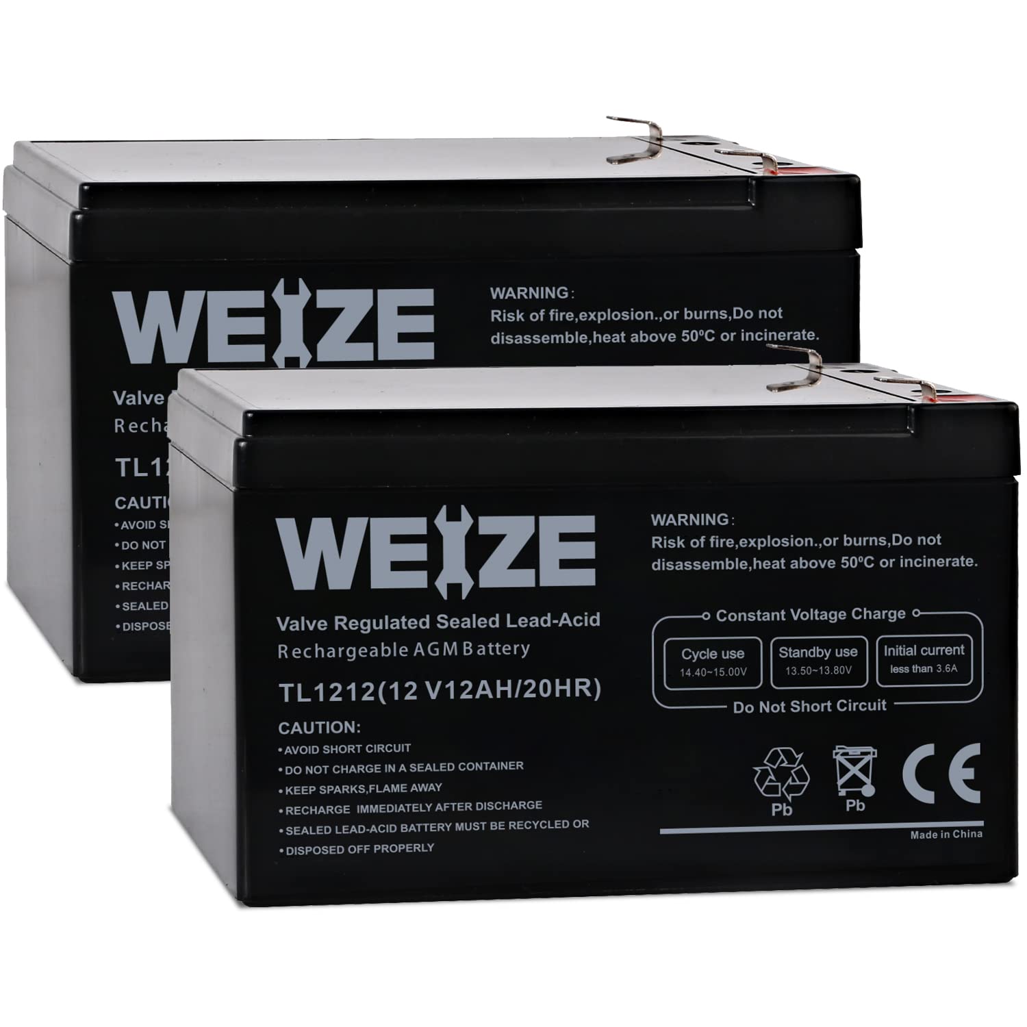 Photo 1 of WEIZE 12 Volt 12 Ah Rechargeable Battery with F2 Terminals, Sealed Lead Acid (SLA) AGM Deep Cycle Battery Replaces BP12-12,GP12120,GS12V12AH,6-DW-12, 2 Pack