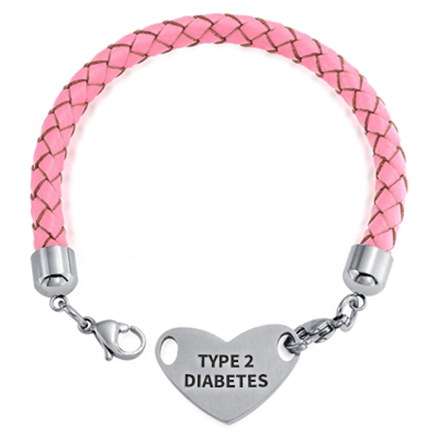 Bling Jewelry Type 2 Diabetes Medical Identification ID Bracelet Pink Braided Leather For Women Stainless Steel Custom Engraved