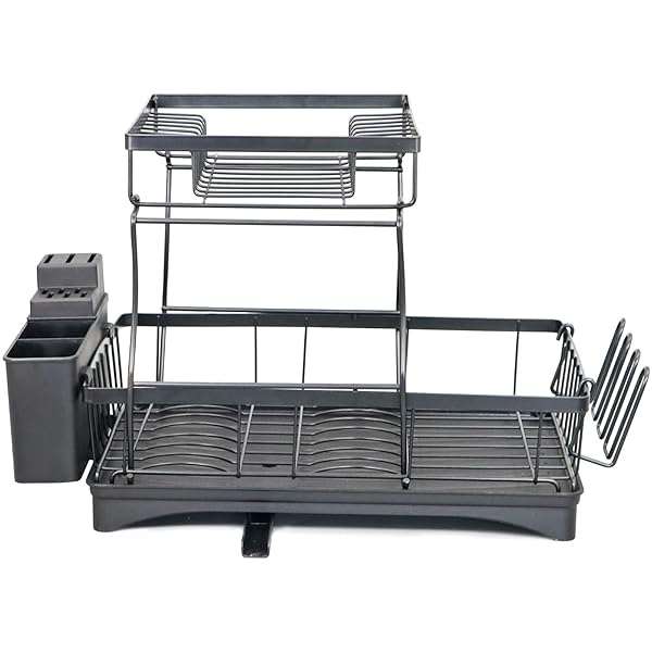 2-TIER DETACHABLE COUNTERTOP DISH DRYING RACK, PREMIUM CARBON STEEL, RUST RESISTANT LARGE CAPACITY DISH DRAINER WITH CUTLERY AND CUP HOLDER, BLACK