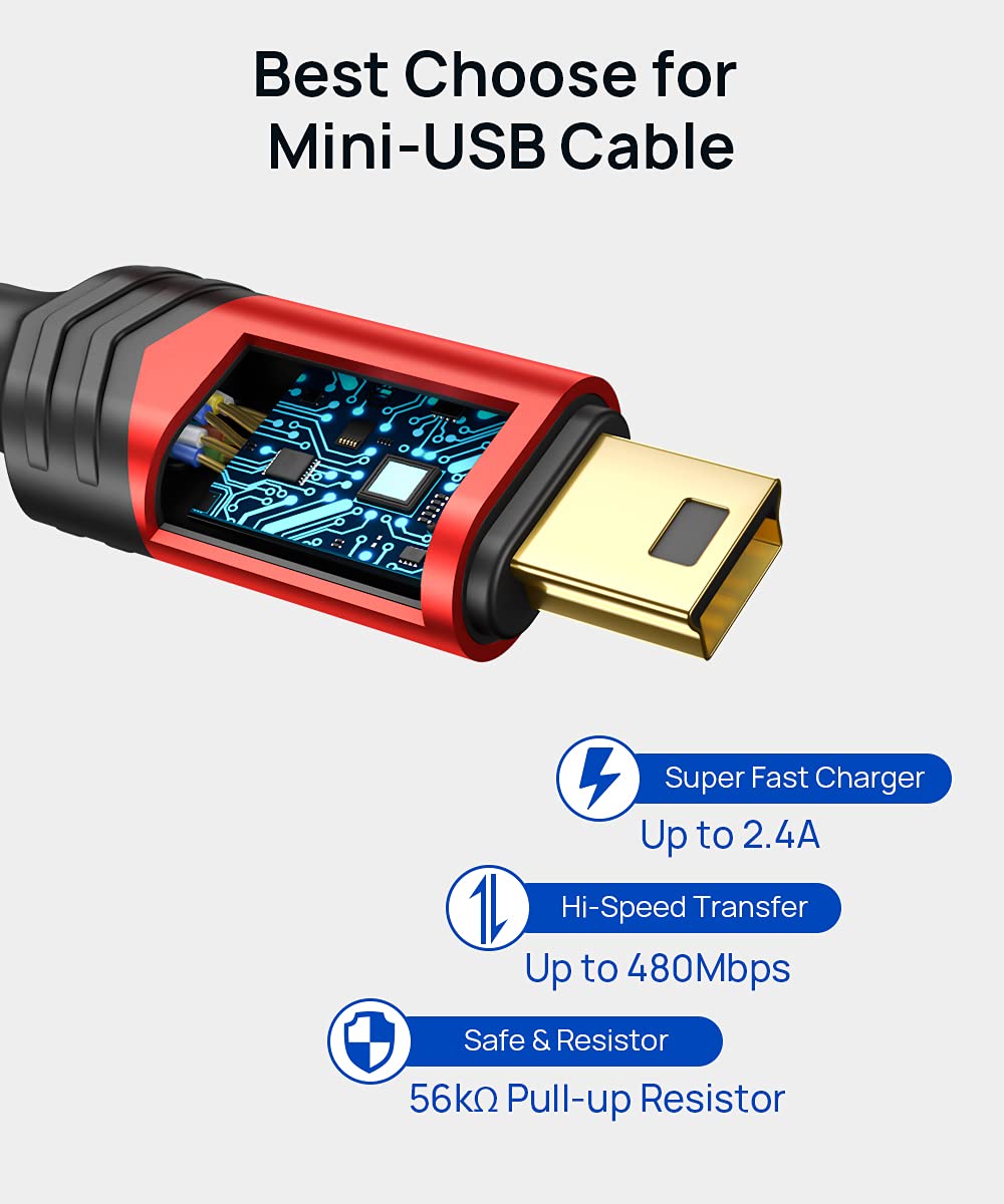JSAUX Mini USB Cable[2-Pack 3.3ft+6.6ft], USB 2.0 Type A to Mini B Fast Charging Braided Cord Compatible with Blue Yeti Microphone Garmin Nuvi GPS 50 55 Ti-84 Plus CE Canon Rebel t7 Camera Gopro Red