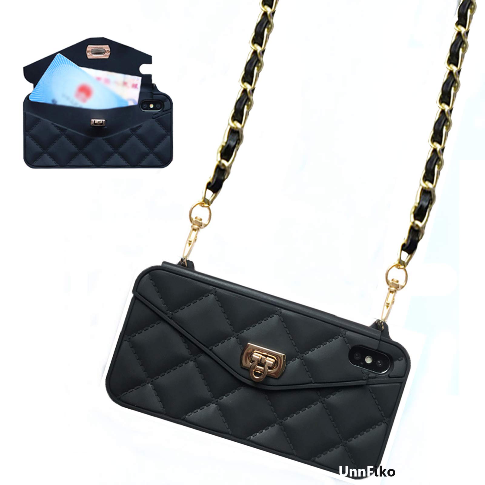 UnnFiko Wallet Case Compatible with iPhone, Cute Light Luxury Bag Design, Purse Flip Card Pouch Cover Soft Silicone Case with Handstrap Long Shoulder Strap (iPhone X, Black) — image 1