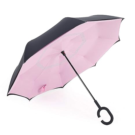 ShoppoZone Trend Newest Windproof Double Layer C-Handle Inverted Umbrella with Fabric Cover Reverse Umbrella for UV Protection & Rain | Outdoor Car Umbrella for Women & Men (Light Pink)