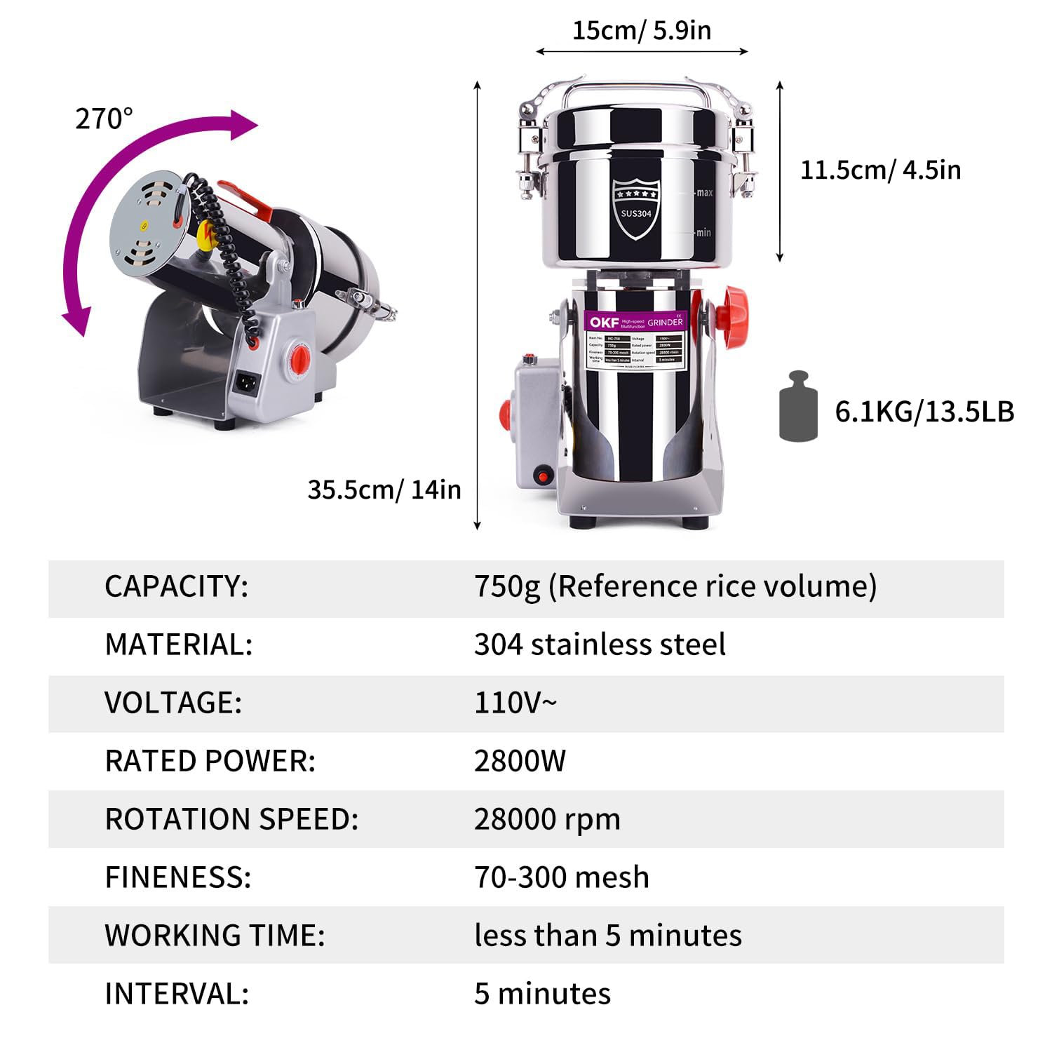 750g Grain Mill, 304 Stainless Steel Spice Grinder, 2800W High-speed Commercial Flour Mill, Superfine Flour Mill Grinder for Home, Grain Mill for Flour