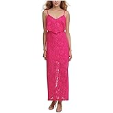 GUESS Womens Pink Stretch Slitted Lace Popover Layer with Scalloped EDG Floral V Neck Maxi Shift Dress 4