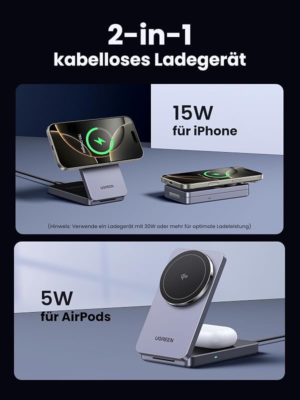 MagFlow Qi2 15W 2-in-1 iPhone Faltbare Ladestation mit Magsafe
