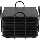 8 PCS Square Slate Drink Coasters Set, SIJDIEE 4 Inch Laser Engraving Black Slate Stone Coasters with Anti-Scratch Bottom and Coaster Holder for Office Bar Kitchen Home Dinner Table Decor Supplies