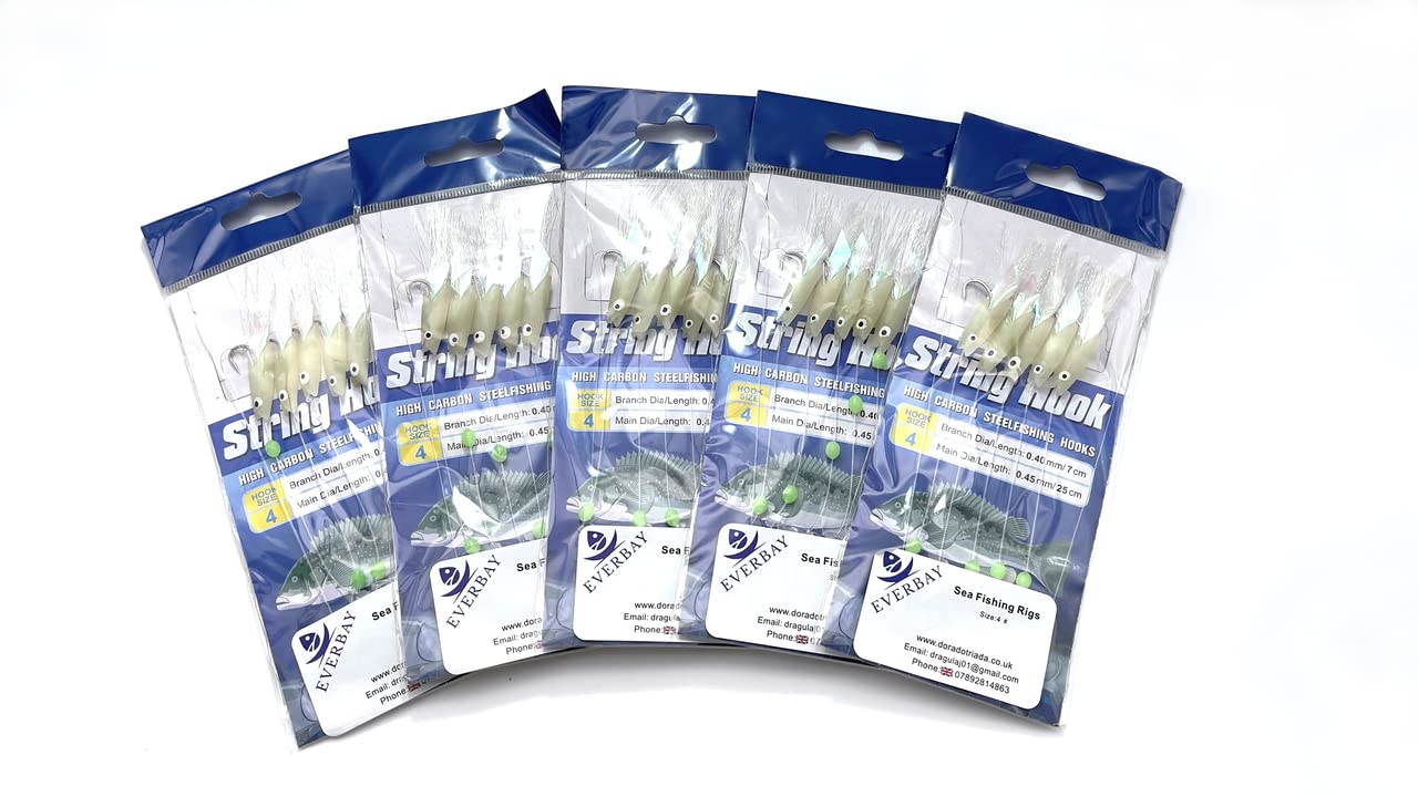 EVERBAY Fishing Sea Rigs 5packs Multi Hooks for Mackerel Pollock Bass Cod Wrasse, Feather Baits, Sea Lures Boat Fishing Tackle, Real Fish Skins, Hooks with Luminous Beads for Saltwater size #4/5hooks